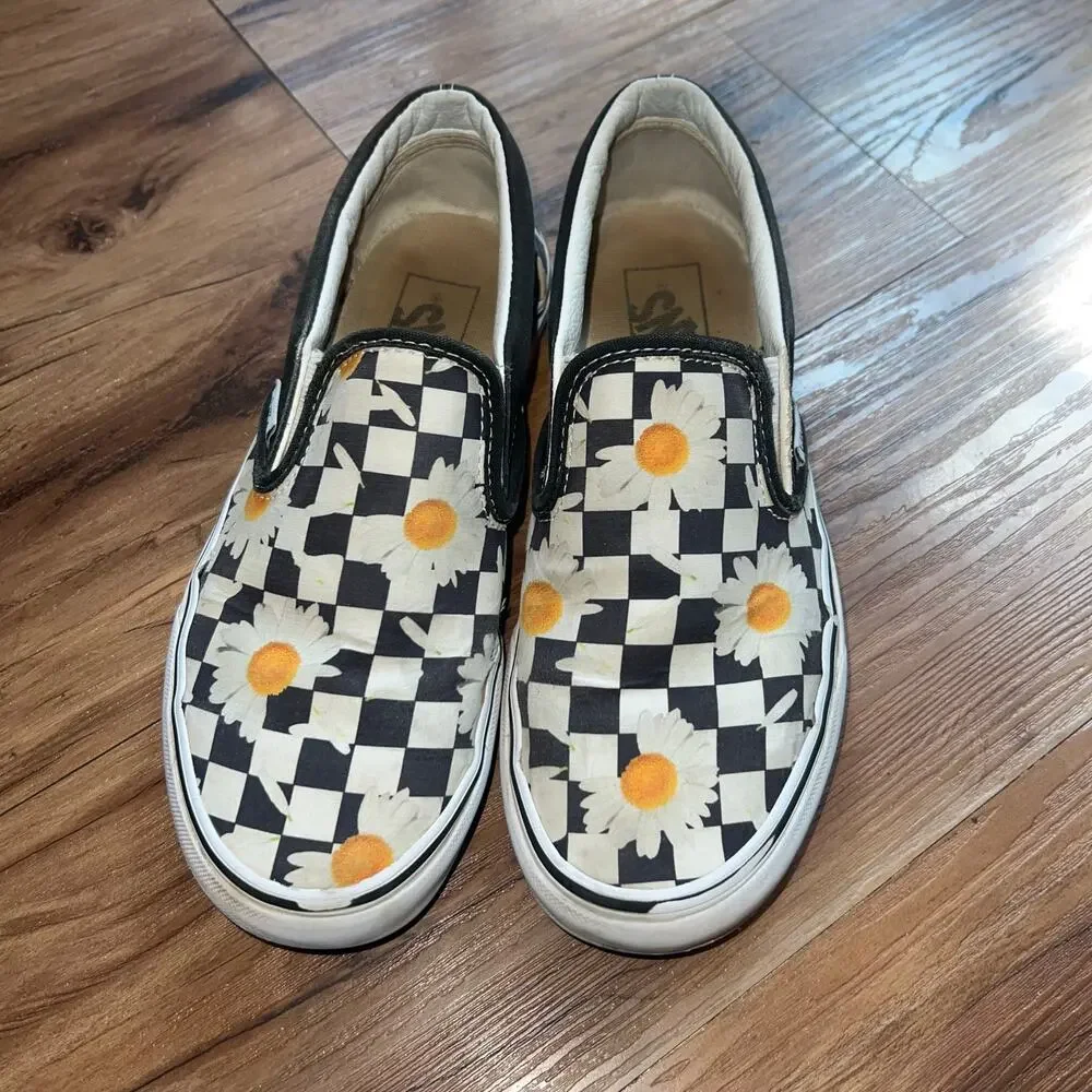 Black White Checkered Vans with Daisy Print Size 7